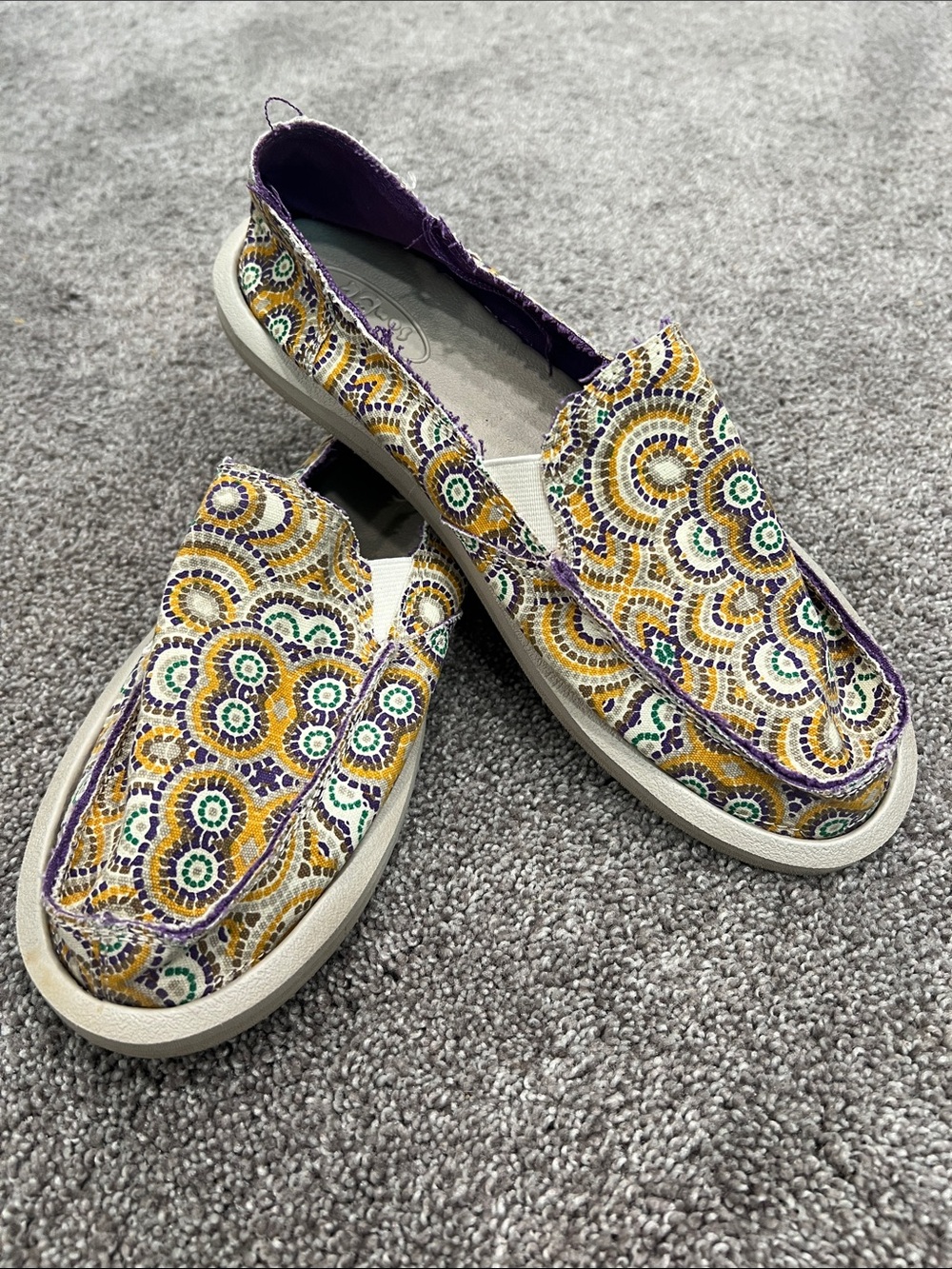Sanuk Women's Slip-On Loafers in Purple, Yellow & Green Mosaic